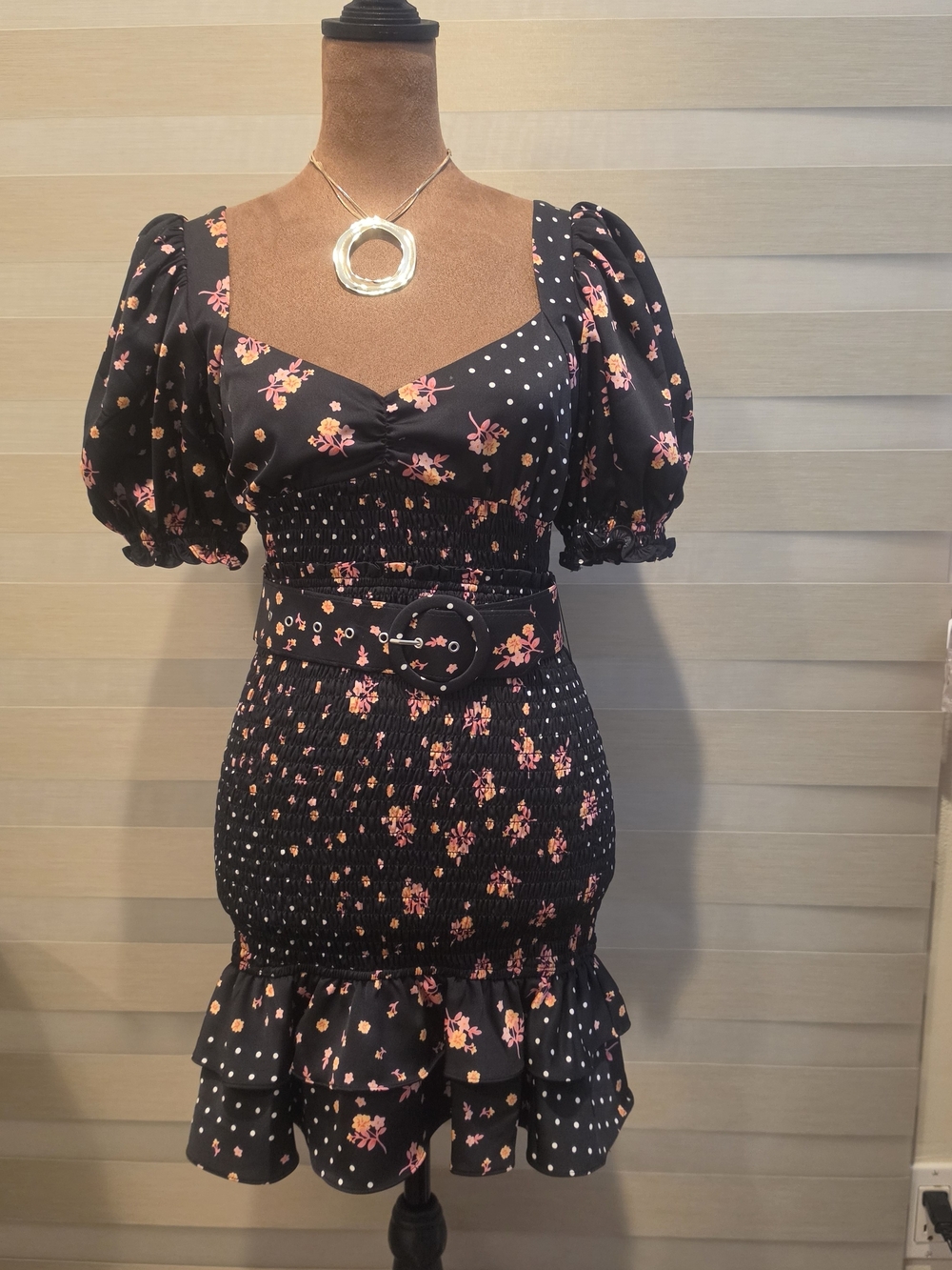 Black Floral Puff-Sleeve Smocked Mini Dress